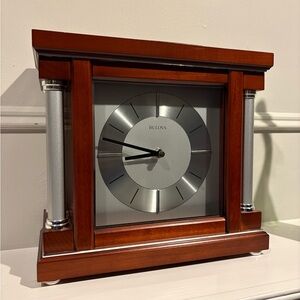 Bulova Silver and Brown Wood Mantel Clock